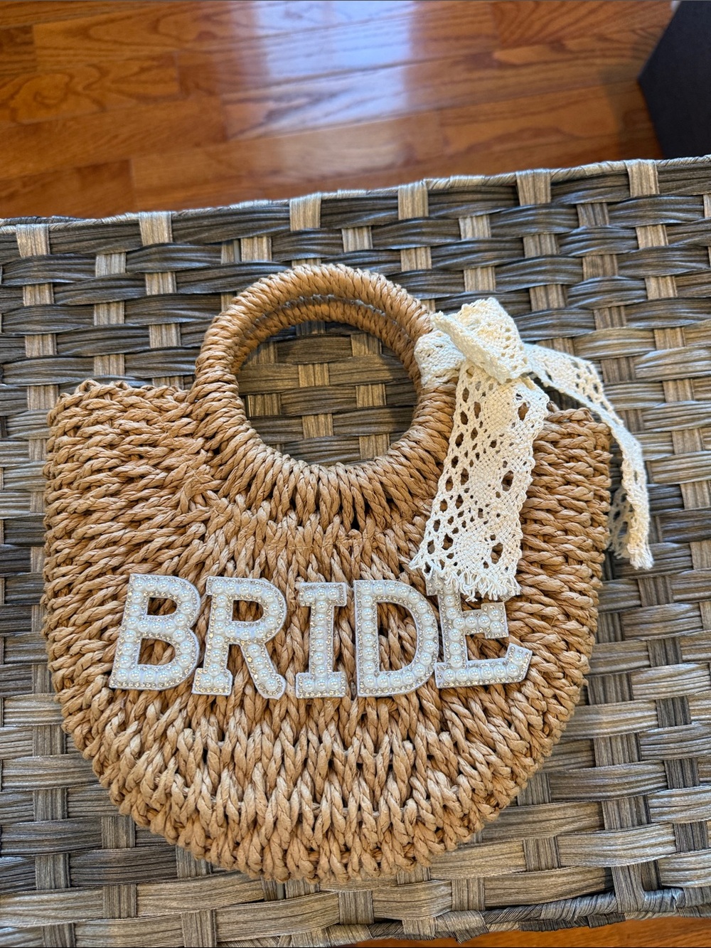 Braided Straw Bride Tote Bag with Lace Accent - Natural